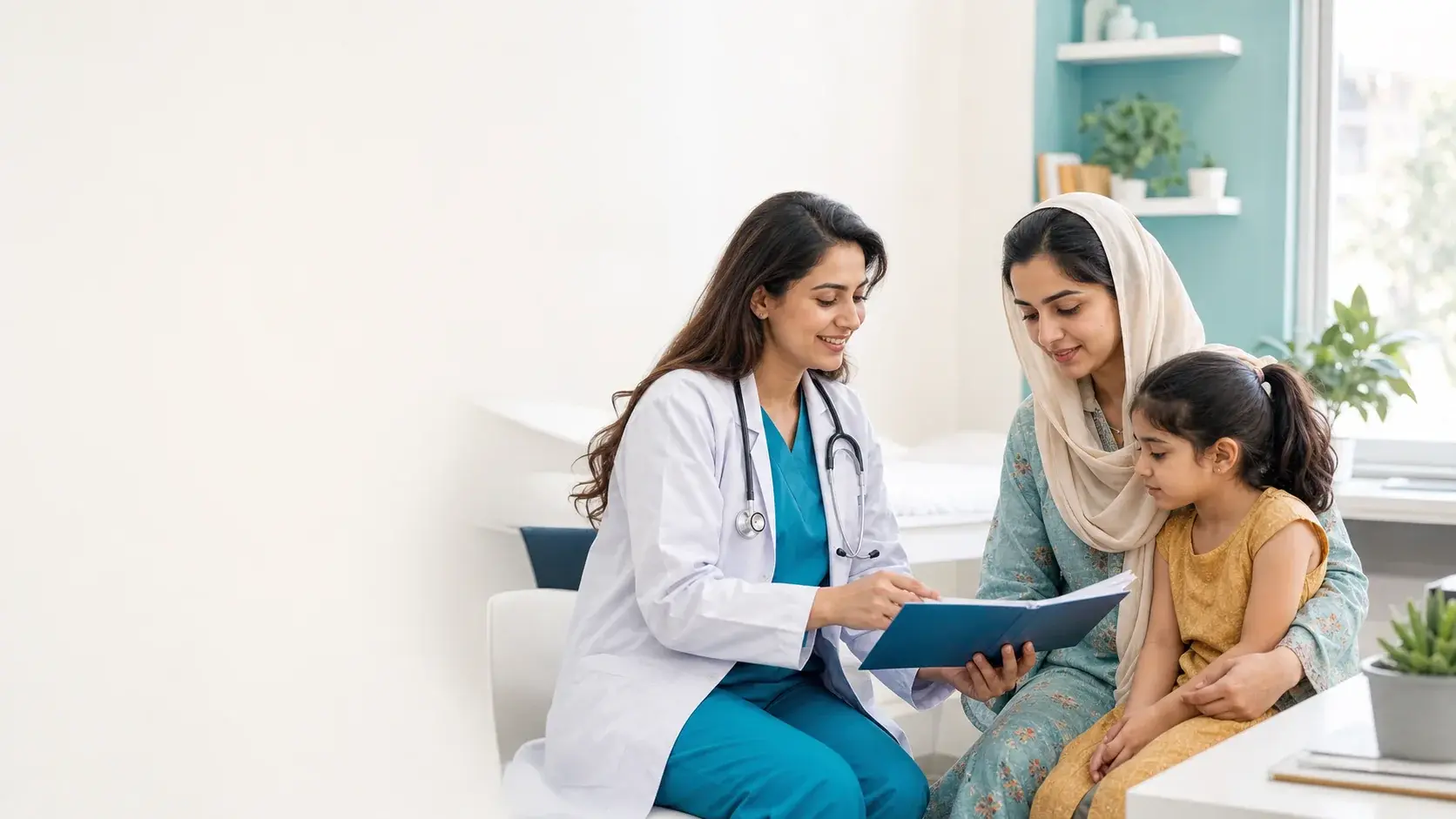A woman doctor reviewing a vaccination record with a mother and her young daughter